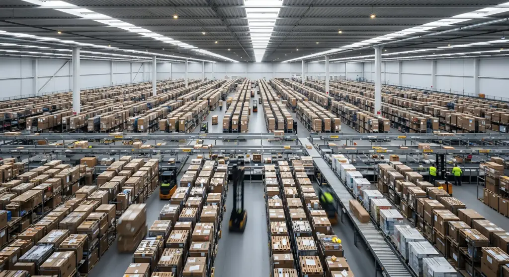 warehouse Wide angle view inside large warehouse with conveyor belts and forklifts